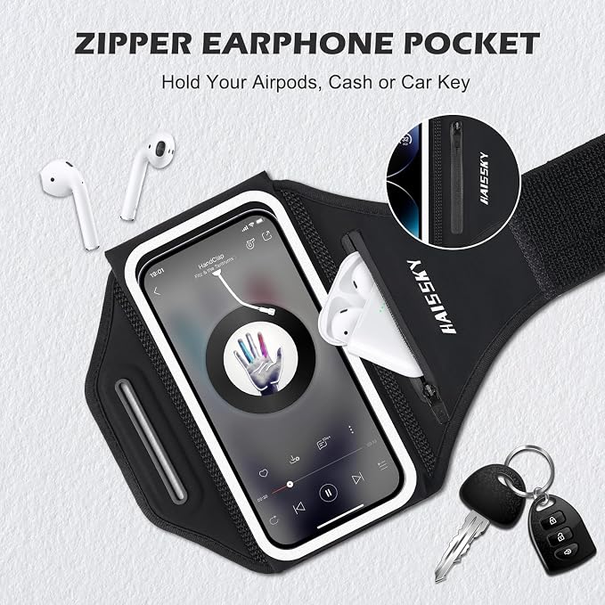 Phone Armband for Running 3D Design Cell Phone Armband with Zipper Pocket for Earbuds Car Keys, Water Resistant Sport Arm Band for iPhone 14 13 12 11 Pro Galaxy S20 S30 Fit Up to 6.9'' with Phone Case