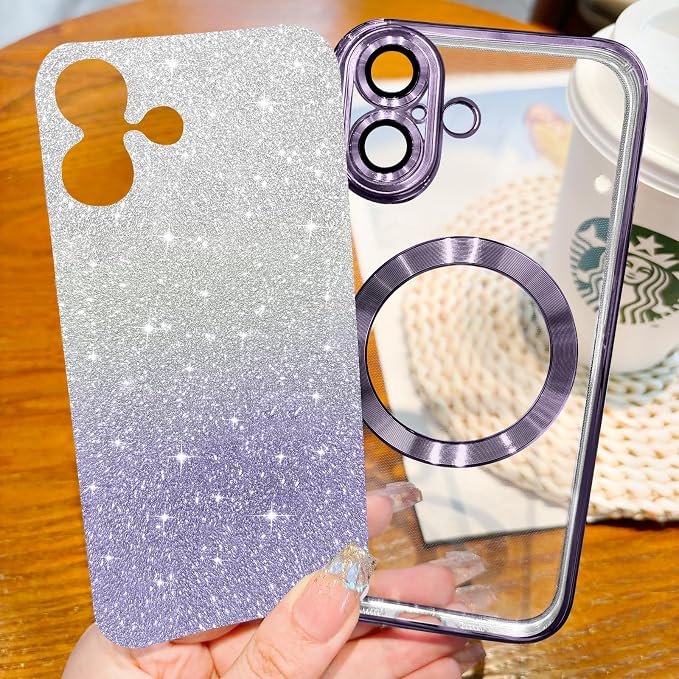 Hython for iPhone 17 Case Glitter Clear Magnetic Phone Cases [Compatible with MagSafe] Full Camera Lens Protector Sparkle Luxury Plating Slim Shockproof Protective Cover Women, Gradient Purple