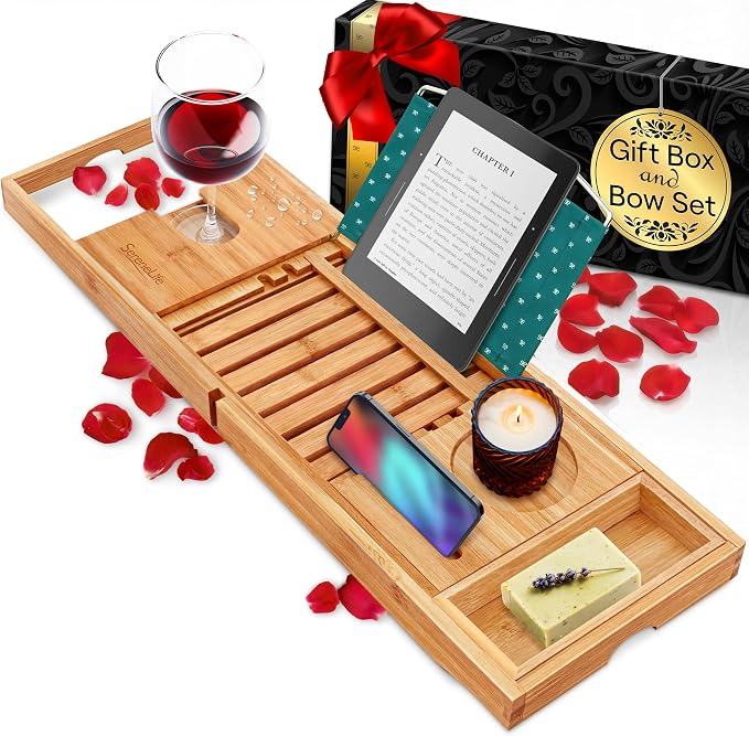 SereneLife Premium Bathtub Tray Caddy with Gift Box and Bow Set, Expandable Bath Tray, Unique House Warming Gifts for Mom, Women, Wedding, Anniversary, Bridal Shower, Fit for All Tub - Classic