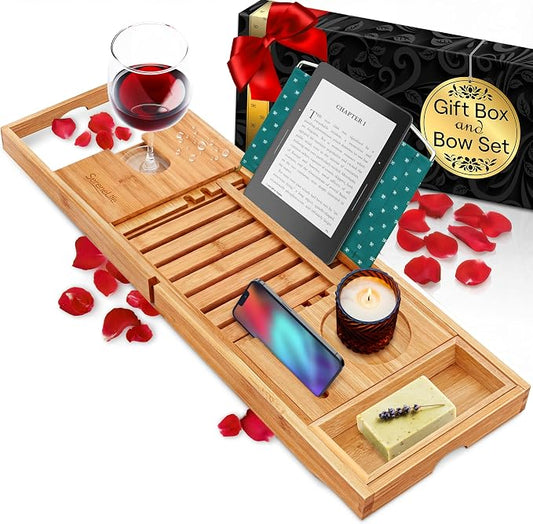 SereneLife Premium Bathtub Tray Caddy with Gift Box and Bow Set, Expandable Bath Tray, Unique House Warming Gifts for Mom, Women, Wedding, Anniversary, Bridal Shower, Fit for All Tub - Classic
