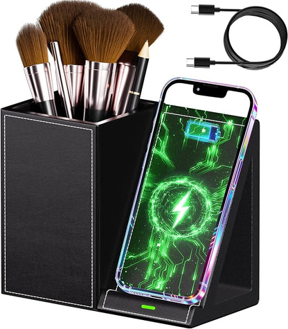 LADSTAG Makeup Brush Holder,Leather Makeup Brush Holder Organizer with phone charging stand，Makeup Organizers Countertop, Makeup organization and Skincare Storage for Vanity, Desktop, Bathroom