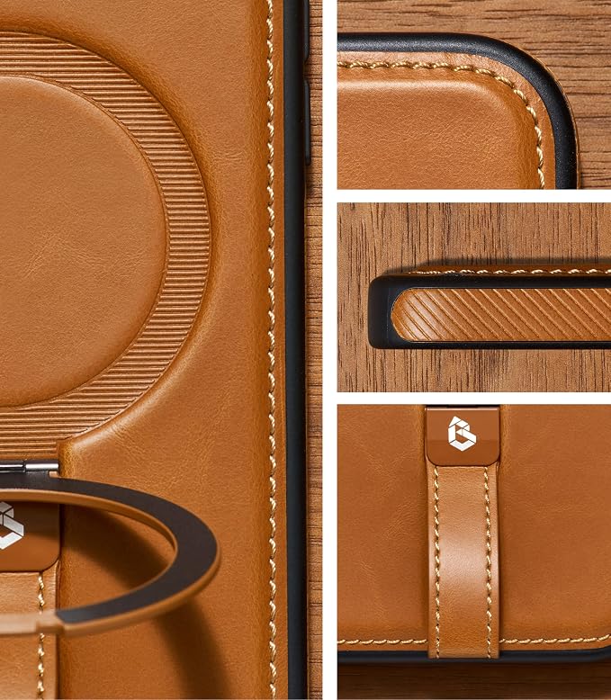 for iPhone 17 Pro Max Leather Case with Stand, Anti-Slip Grip Ring, Fits for MagSafe (Brown, iPhone 17 Pro Max)