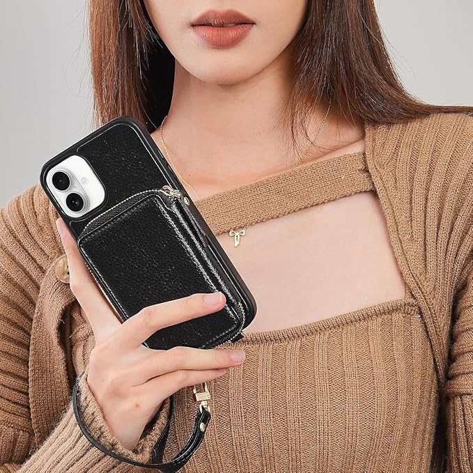 ZVE for iPhone 17 Case Wallet with Crossbody Strap, RFID Blocking Zipper Phone Purse with Card Holder 6.3", Black