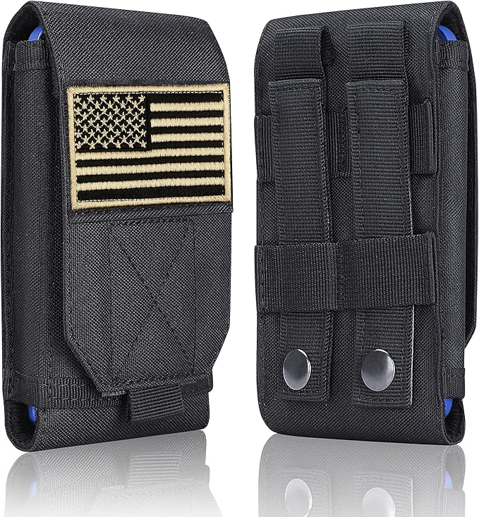 Black Tactical Molle Cellphone Pouch Case,Heavy Duty Waterproof Phone Holster Bag for iPhone 11 12 13 Pro Max for Samsung S22 S21 S20 FE Note 20 A02S Less 6.7" Phone with 2 Pack US Flag Patch