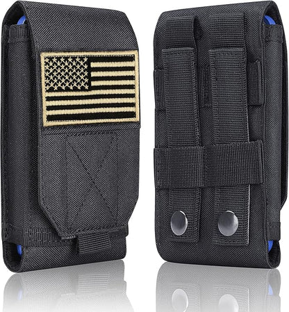 Black Tactical Molle Cellphone Pouch Case,Heavy Duty Waterproof Phone Holster Bag for iPhone 11 12 13 Pro Max for Samsung S22 S21 S20 FE Note 20 A02S Less 6.7" Phone with 2 Pack US Flag Patch