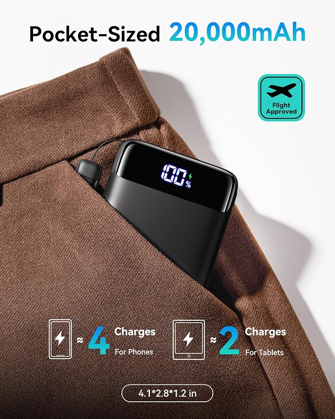 INIU Power Bank, Smallest 20000mAh Portable Charger with USB C Cable, 22.5W PD Fast Charging Phone Battery Pack, LED Display Powerbank for Xiaomi iPhone 17 16 15 14 Pro Samsung S25 Google iPad etc