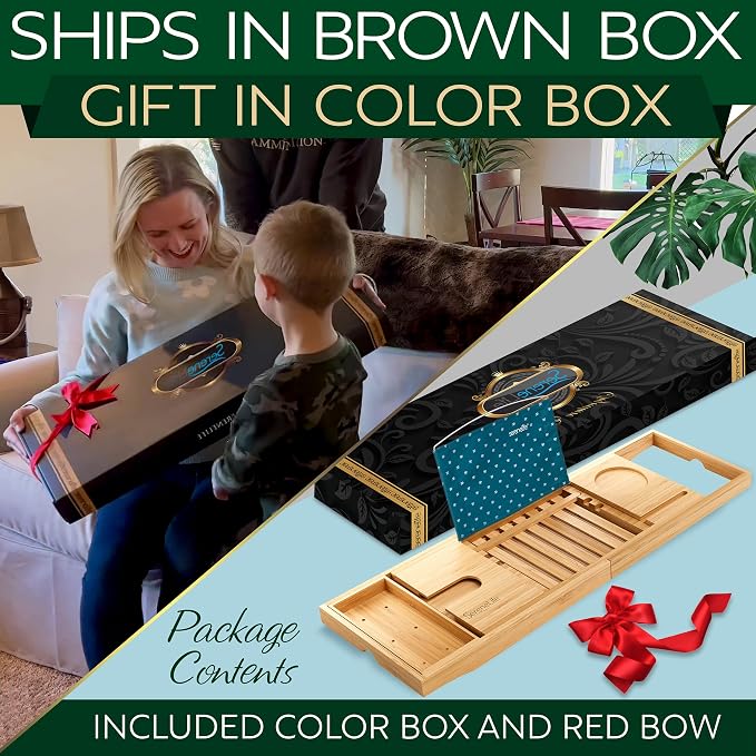 SereneLife Premium Bathtub Tray Caddy with Gift Box and Bow Set, Expandable Bath Tray, Unique House Warming Gifts for Mom, Women, Wedding, Anniversary, Bridal Shower, Fit for All Tub - Classic
