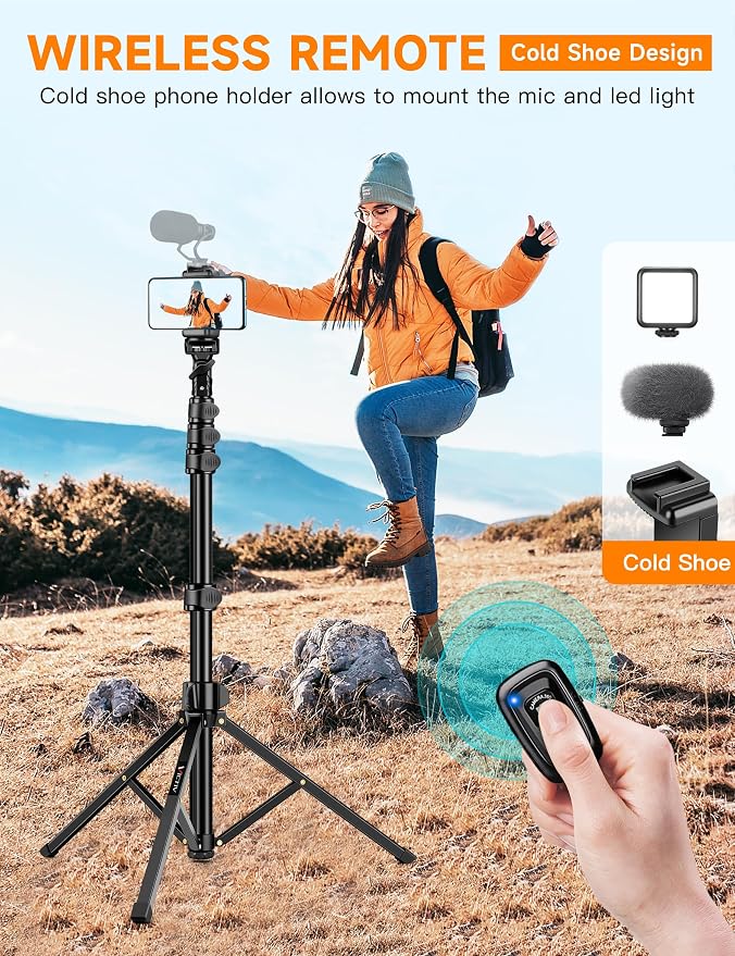 Phone Tripod Stand, 84" Tall Flexible Cellphone Tripod for iPhone with Gooseneck Remote, Portable Phone Stand for Recording, Compatible with iPhone 14 13 12 pro Android Camera