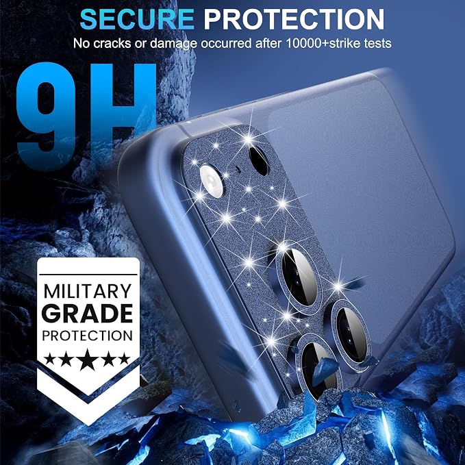 Suoman for iPhone 17 Pro Camera Lens Protector, [All-in-one] [Strong-Adhesion] Bling Glitter Independent Metal Frame Tempered Glass Camera Lens Cover -Blue