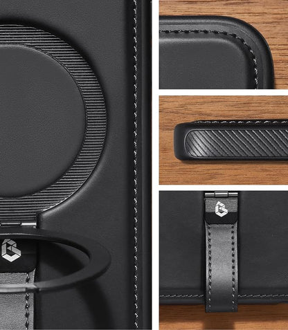 for iPhone Air Leather Case with Stand, Anti-Slip Grip Ring, Fits for MagSafe (Black, iPhone Air)