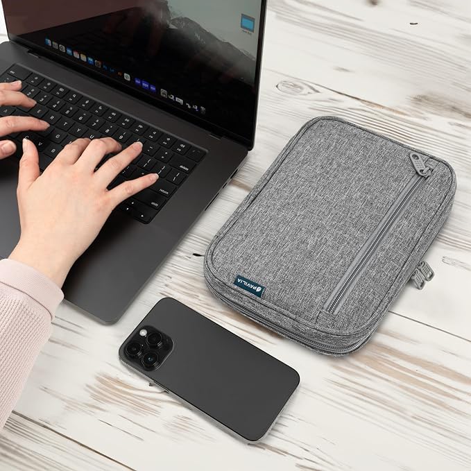 PAVILIA Travel Cord Organizer Case for Cables & Chargers, Gray | 10 x 6.8 x 1.7 in 600D water-repellent electronics bag pouch with 7 loops, 5 mesh pockets, front zip pocket and dual zippers