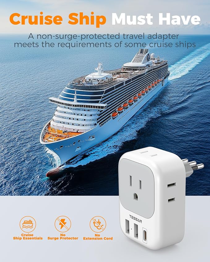 TESSAN Italy Travel Plug Adapter, Type L Plug 2 Pack | 4 Outlets, 3 USB Charger (1 USB C PD 20W), US to Chile Libya Syria Tunisia Uruguay