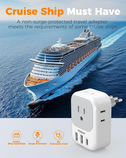 TESSAN Italy Travel Plug Adapter, Type L Plug 2 Pack | 4 Outlets, 3 USB Charger (1 USB C PD 20W), US to Chile Libya Syria Tunisia Uruguay