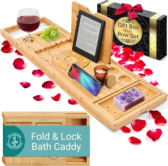 SereneLife Premium Foldable Bathtub Tray with Gift Box and Bow Set, Expandable Bath Tray, Unique House Warming Gifts, for Mom, Women, New Home, Wedding, Anniversary, Bridal Shower, Fit for All Tub