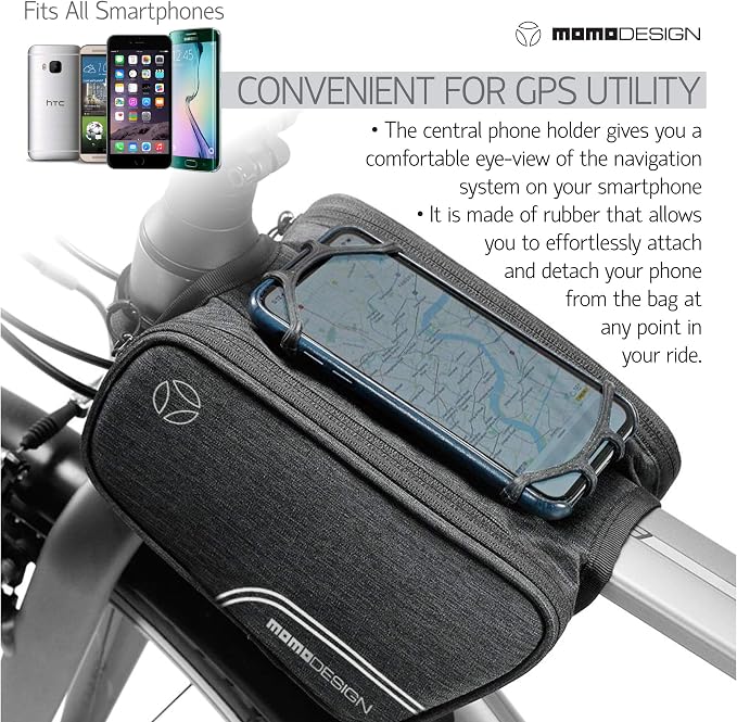 MOMO Design Bike TTB03 Double Top Tube Bag, Horizontal/Vertical View Phone-Holder, Reflective Piping, Water Resistant, Universal Fit, 1.25L Capacity