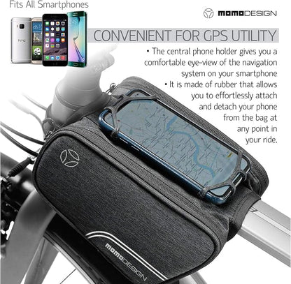 MOMO Design Bike TTB03 Double Top Tube Bag, Horizontal/Vertical View Phone-Holder, Reflective Piping, Water Resistant, Universal Fit, 1.25L Capacity
