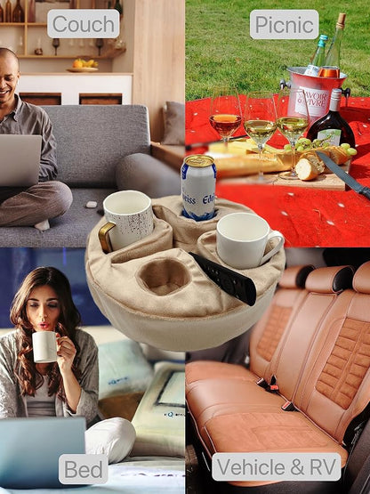Xchouxer Couch and Bed Cup Holder Pillow, Sofa Organizer Caddy for Drinks, Remotes, Phones, Snacks (Beige)