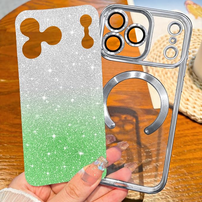Hython for iPhone 17 Pro Max Case Glitter Clear Magnetic Phone Cases [Compatible with MagSafe] Full Camera Lens Protector Sparkle Luxury Plating Slim Shockproof Protective Cover Women, Gradient Silver