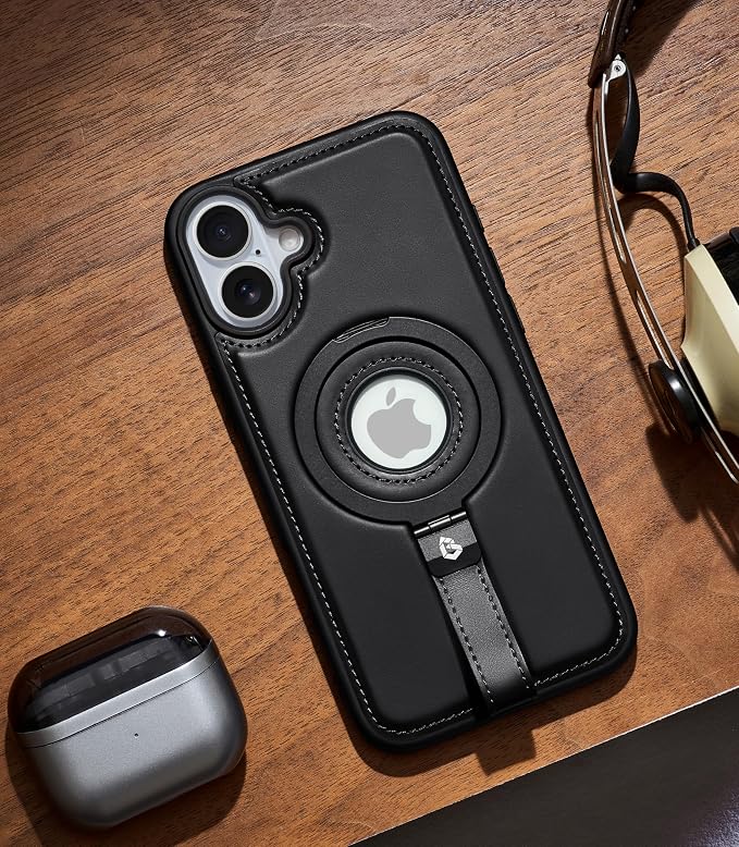 for iPhone 16 Leather Case with Stand, Anti-Slip Grip Ring, Fits for MagSafe (Black, iPhone 16)