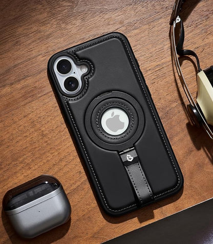 for iPhone 16 Leather Case with Stand, Anti-Slip Grip Ring, Fits for MagSafe (Black, iPhone 16)
