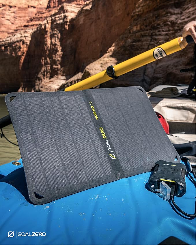 Goal Zero Venture 35 Portable Charger Power Bank with Nomad 10 Solar Panel Kit 9600mAH 18W USB-C Power Delivery Port, 2 USB Outputs IP67 Rating 50 Lumens Flashlight