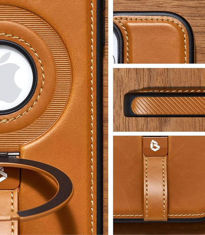 for iPhone 12 Pro Max Leather Case with Stand, Anti-Slip Grip Ring, Fits for MagSafe (Brown, iPhone 12 Pro Max)