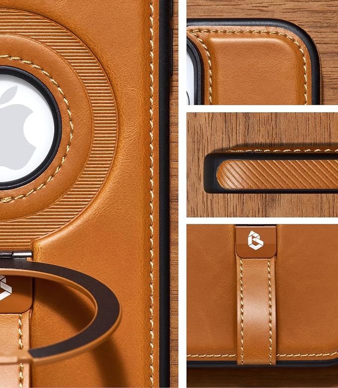 for iPhone 15 Pro Leather Case with Stand, Anti-Slip Grip Ring, Fits for MagSafe (Brown, iPhone 15 Pro)