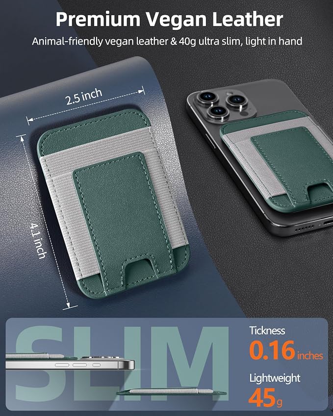 Upgraded for Magsafe Wallet, Strongest Magnetic Wallet, for iPhone Walle t Magsafe with 2 Card Slots, Magnetic Card Holder for iPhone 17/16/15/14/13/12 Series, Slim, Vegan Leather, Fit 7 Cards, Green