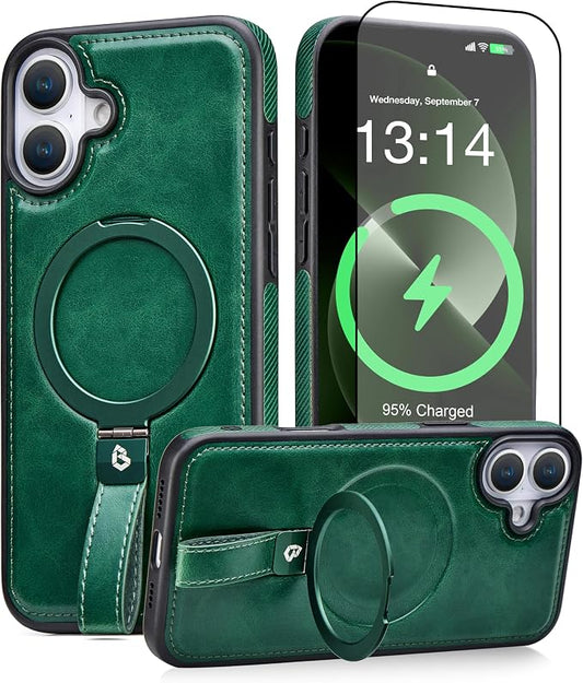 for iPhone 17 Leather Case with Stand, Anti-Slip Grip Ring, Fits for MagSafe (Green, iPhone 17)