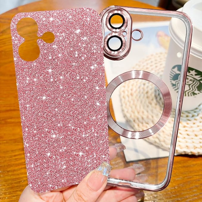 Hython for iPhone 17 Case Glitter Clear Magnetic Phone Cases [Compatible with MagSafe] Full Camera Lens Protector Sparkle Luxury Plating Slim Shockproof Protective Cover Women, Pink