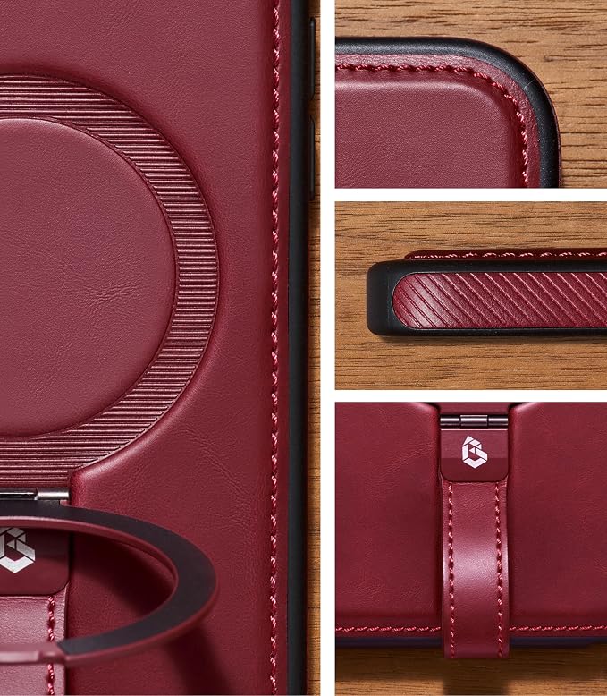 for iPhone Air Leather Case with Stand, Anti-Slip Grip Ring, Fits for MagSafe (Burgundy, iPhone Air)