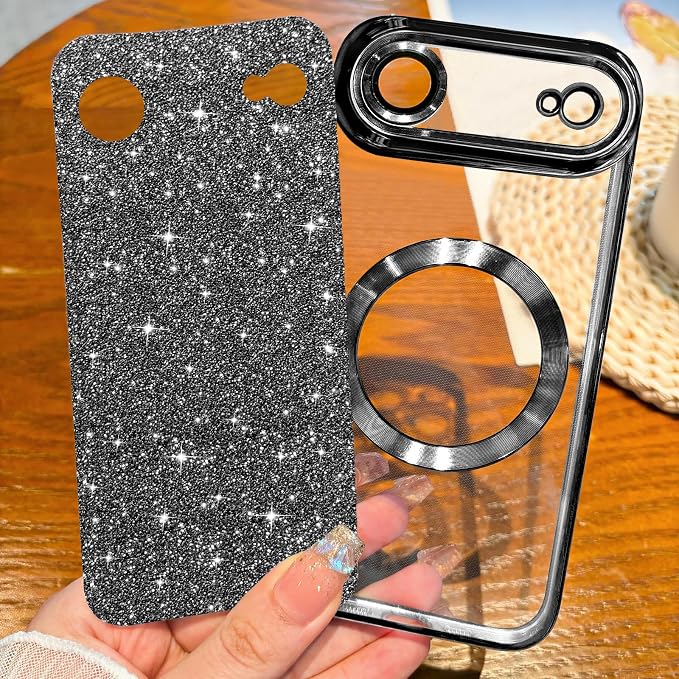 Hython for iPhone Air Case Glitter Clear Magnetic Phone Cases [Compatible with MagSafe] Full Camera Lens Protector Sparkle Luxury Plating Slim Shockproof Protective Cover Women, Black