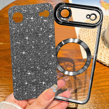 Hython for iPhone Air Case Glitter Clear Magnetic Phone Cases [Compatible with MagSafe] Full Camera Lens Protector Sparkle Luxury Plating Slim Shockproof Protective Cover Women, Black