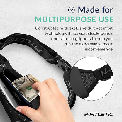 Fitletic Modern Sports Running Belt For Men & Women – Water Resistant Pouch - Fits All Smart Phones- Lightweight, Low Profile Design –Lycra Coated With Inner Card Organizer Pocket