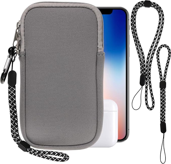 Pwsap Phone Sock, Universal Shock & Impact Resistant Neoprene Pouch with Carabiner and Lanyard Strap Sleeve Case for Hiking & Travelling Phone Bag Fits Phones up to 7 Inches, Light Gray, M