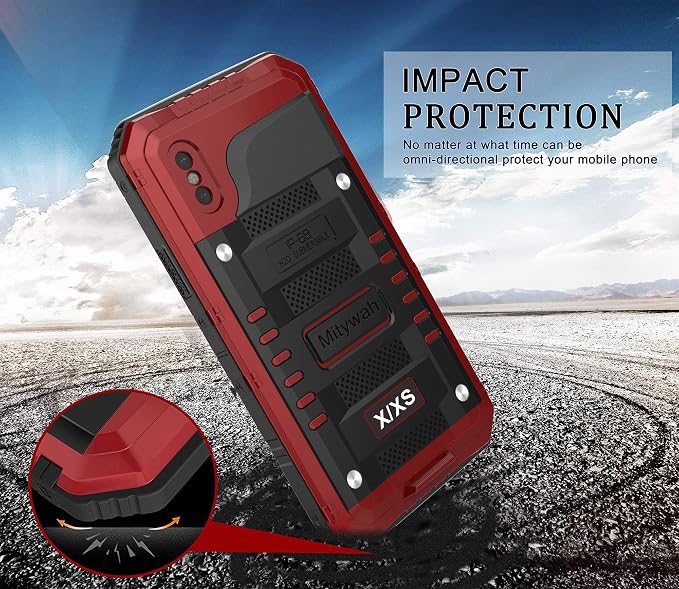 Mitywah Waterproof Case Compatible with iPhone X/XS, [Full Body Protective] Cover Built-in [Shield Screen Protection] [Shockproof] [Military Grade Defender] [Metal] [Heavy Duty ] Shell Outdoor,Red