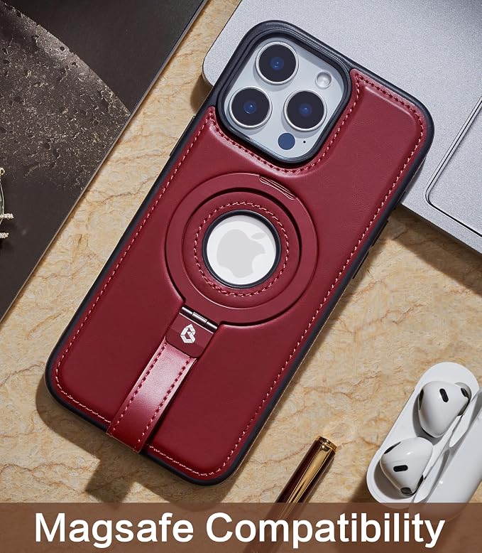 for iPhone 12 Pro Max Leather Case with Stand, Anti-Slip Grip Ring, Fits for MagSafe (Burgundy, iPhone 12 Pro Max)