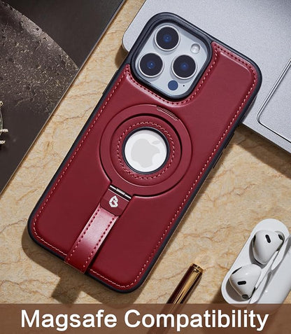 for iPhone 15 Pro Leather Case with Stand, Anti-Slip Grip Ring, Fits for MagSafe (Burgundy, iPhone 15 Pro)