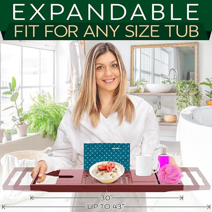 SereneLife Premium Bathtub Tray Caddy with Gift Box and Bow Set, Expandable Bath Tray, Unique House Warming Gifts for Mom, Women, Wedding, Anniversary, Bridal Shower, Fit for All Tub - Stain Brown