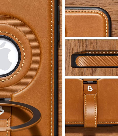 for iPhone 16 Leather Case with Stand, Anti-Slip Grip Ring, Fits for MagSafe (Brown, iPhone 16)