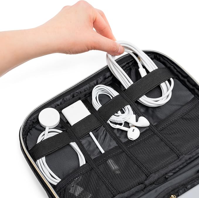 PAVILIA Travel Cord Organizer Case for Cables & Chargers, Black Quilt | 10 x 6.8 x 1.7 in 600D water-repellent electronics bag pouch with 7 loops, 5 mesh pockets, front zip pocket and dual zippers