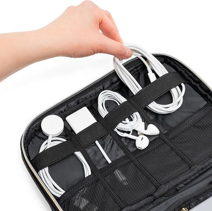 PAVILIA Travel Cord Organizer Case for Cables & Chargers, Black Quilt | 10 x 6.8 x 1.7 in 600D water-repellent electronics bag pouch with 7 loops, 5 mesh pockets, front zip pocket and dual zippers