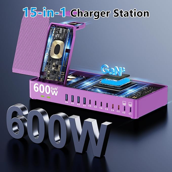 600w Charging Station for Multiple Devices, 15 in 1 Wireless Charger with 2pack 100w USB C Charger Cable, Dual 100w USB C Tablet Charging Station for MacBook,iPhone,iPad,Tablet(Purple)