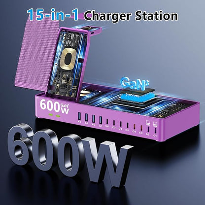 600w Charging Station for Multiple Devices, 15 in 1 Wireless Charger with 2pack 100w USB C Charger Cable, Dual 100w USB C Tablet Charging Station for MacBook,iPhone,iPad,Tablet(Purple)
