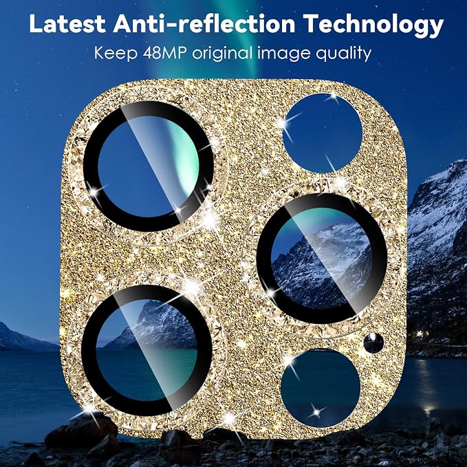 CloudValley for iPhone 14 Pro/iPhone 14 Pro Max Glitter Camera Lens Protector, 9H Tempered Glass [All in 1 Design], Case Friendly Anti-Scatch High Definition, GlitterGold