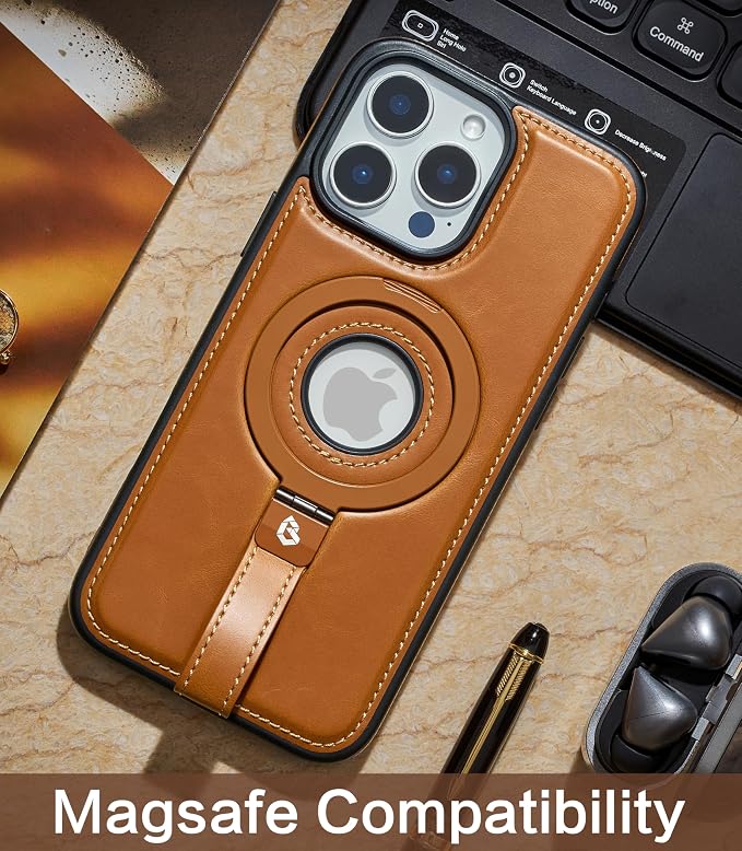 for iPhone 13 Pro Max Leather Case with Stand, Anti-Slip Grip Ring, Fits for MagSafe (Brown, iPhone 13 Pro Max)