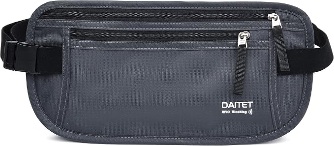 RFID Blocking Money Belt for Men Women, Slim Fanny Pack for Travel，Running,Conceal Waist Wallet for Passport Holder,Phone,Cash(Dark Grey)