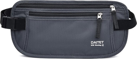 RFID Blocking Money Belt for Men Women, Slim Fanny Pack for Travel，Running,Conceal Waist Wallet for Passport Holder,Phone,Cash(Dark Grey)