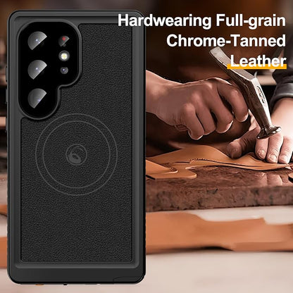GOLDJU 2025 New Designed for S24 Ultra Leather Case Waterproof, [Built-in Screen Protector, ][Compatible with MagSafe] Full Body Shockproof Protective Cover for Samsung Galaxy S24 Ultra 6.8'' - Black