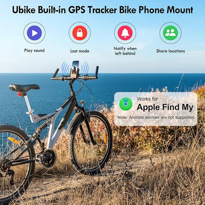 Ubike GPS Bike Phone Mount, Hidden Bicycle Phone Mount Compatible with Apple Find My (iOS Only), Lost Mode, No Monthly Fee, Built-in GPS Tracker Motorcycle Handlebar Clamp for iPhone